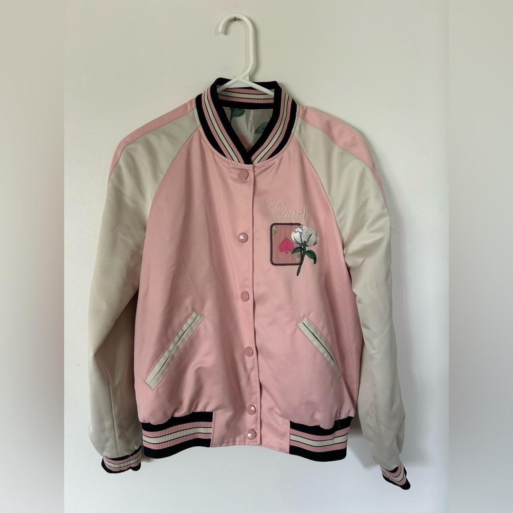 Coach Women's Reversible Floral Pink and White Varsity Bomber Coat